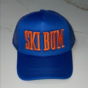 Blue Trucker Hat with Orange 'SKI BUM' Embroidery